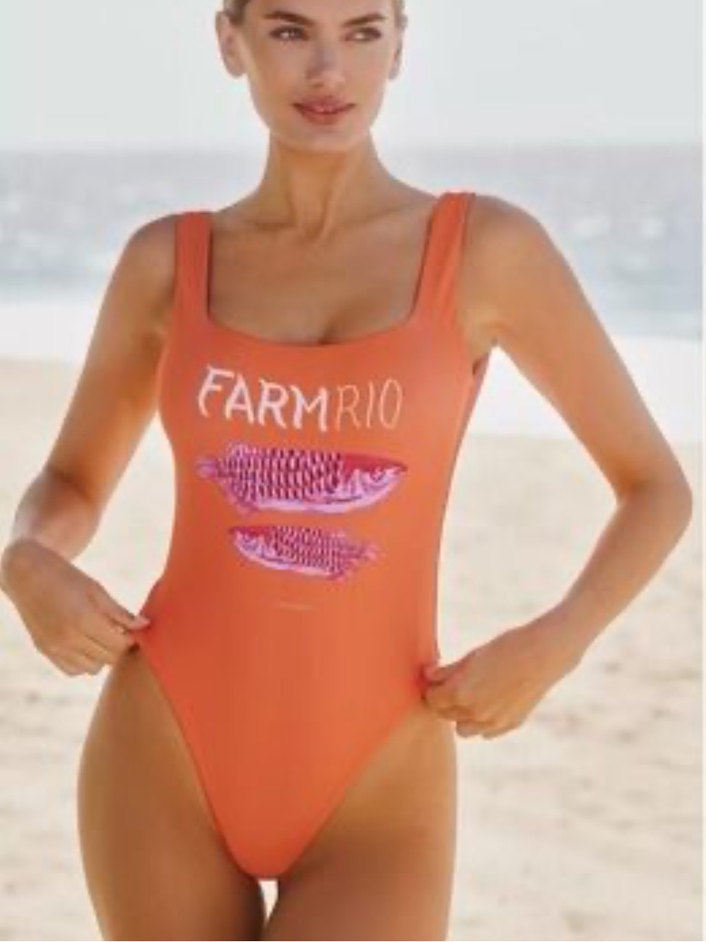 Nwt farm rio Orange One-Piece Swim with Pink Fish Graphic